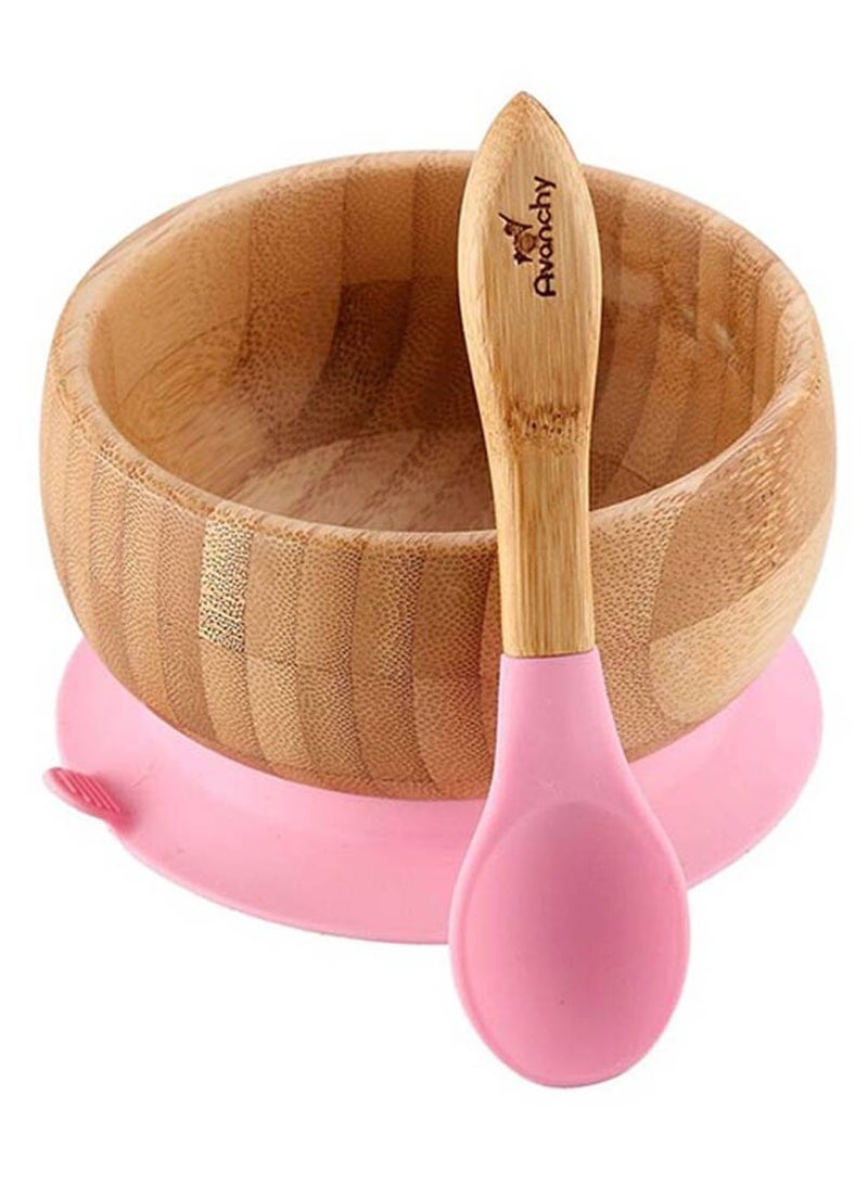 Avanchy Bamboo Suction Classic Bowl + Spoon Pink Color For Baby